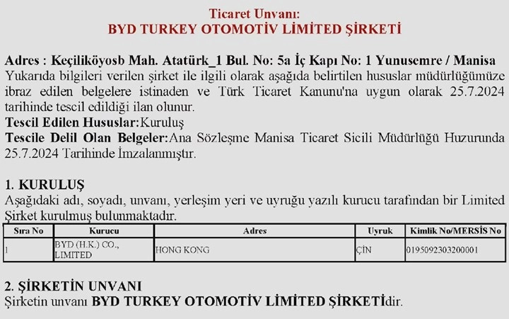 Çinli BYD, Türkiye'de Resmi Şirket Kurma Adımını Attı